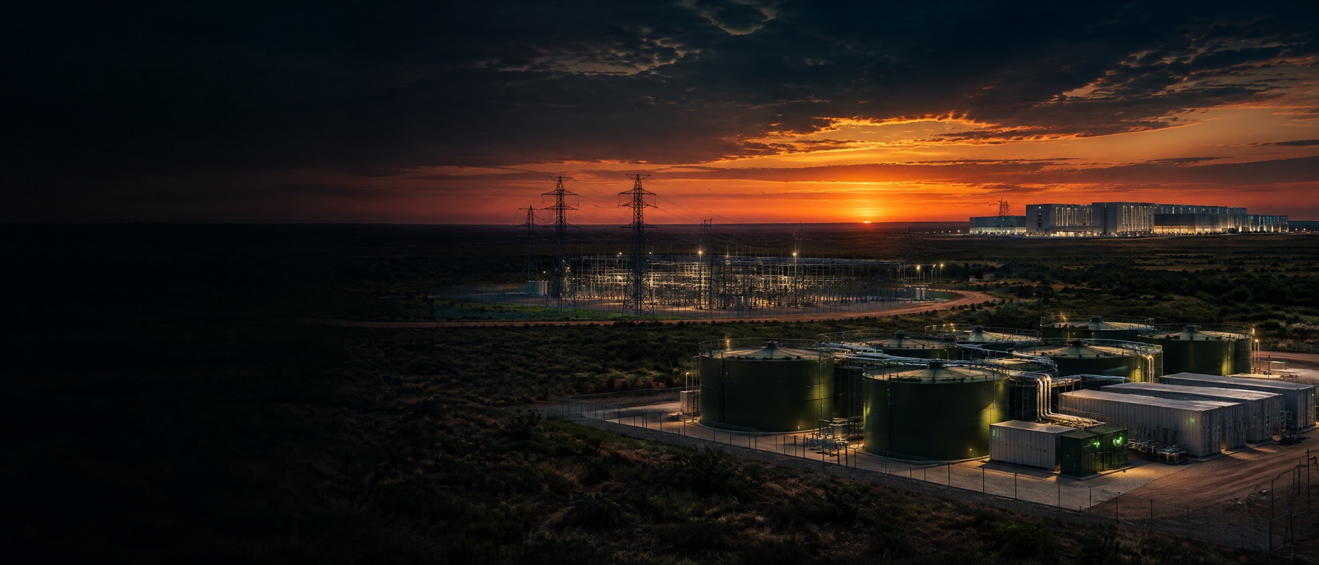 Texas energy and data center infrastructure at sunset